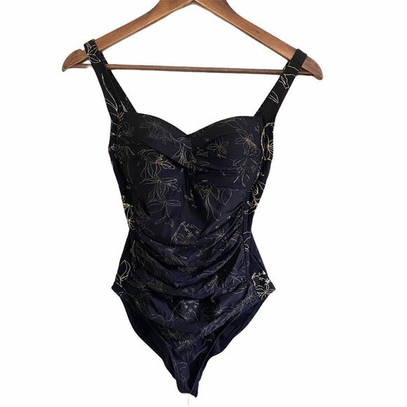 NipTuck Swim Floral One Piece Bathing Suit Ruche Side Black & Gold Foil Swimsuit - Picture 1 of 10